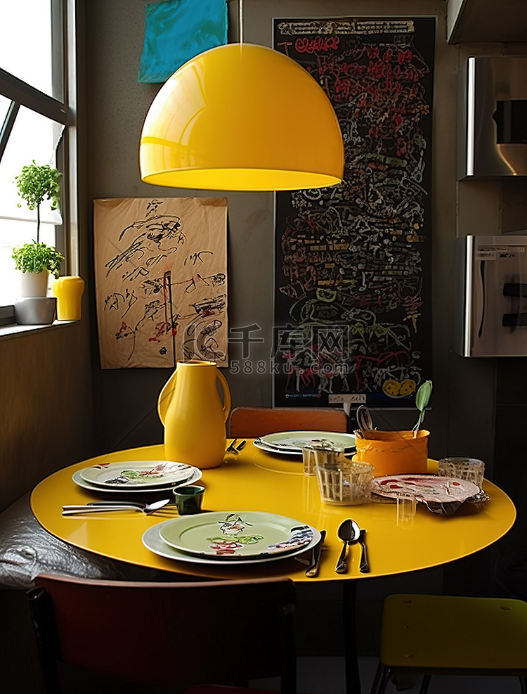 一间小餐厅有黄色灯罩和餐位设置