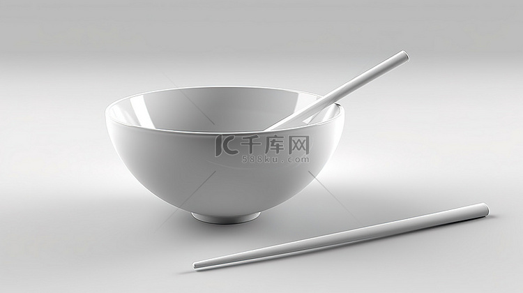 等待用餐的白碗和筷子的 3D 渲染