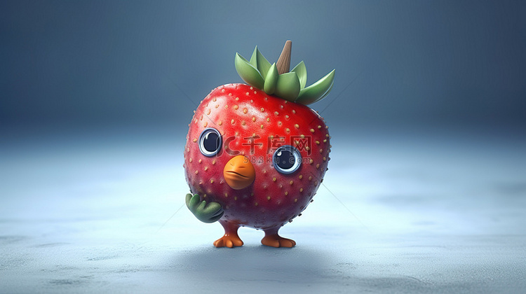 可爱的 3d 鸟类与甜草莓款待