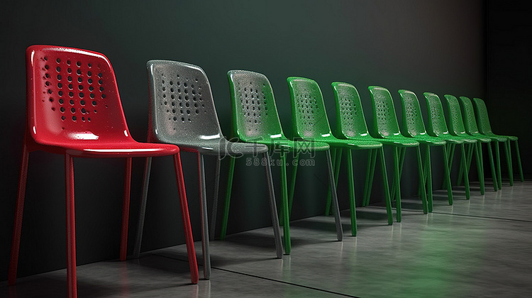 绿色塑料和金属椅子排成一排，由