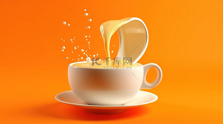 充满新鲜橙汁的白色杯子的 3D