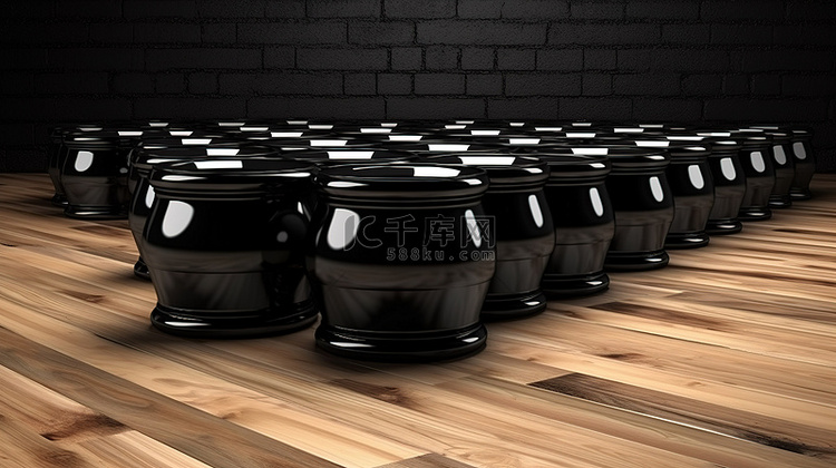 带黑色金属桶的木托盘的 3d 渲染