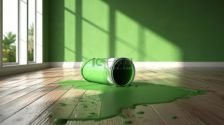木地板轮廓，绿色油漆从附近的罐