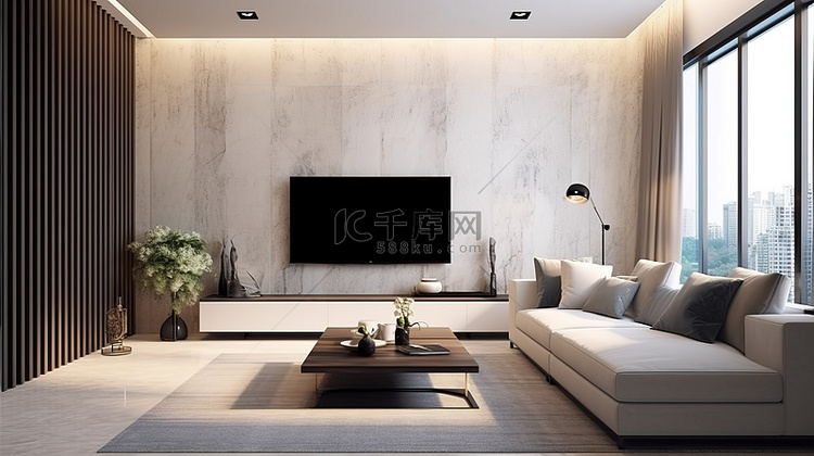 现代风格的客厅配有 3D 渲染