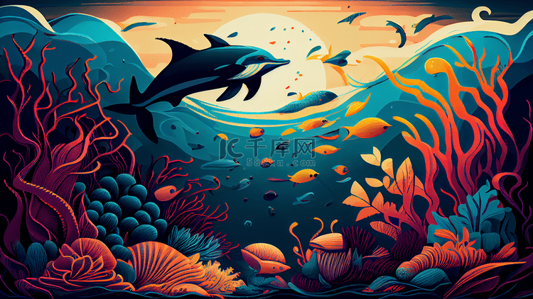 海底珊瑚海豚插画背景
