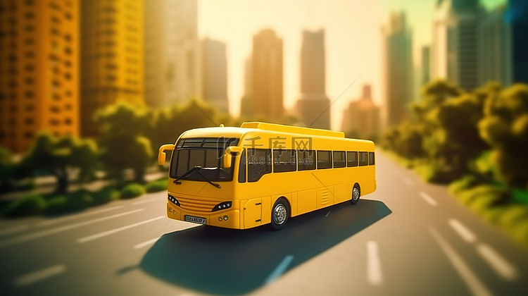 城市客运黄色巴士模板的 3D 插图
