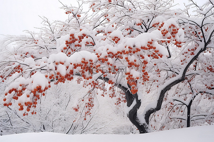 一棵被雪覆盖的橙色糖灌木树