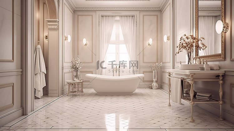 现代复古浴室配有奶油色瓷砖和 