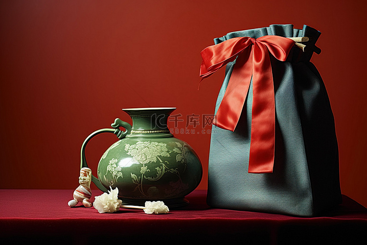 一个装有礼品袋的礼品架位于罐子