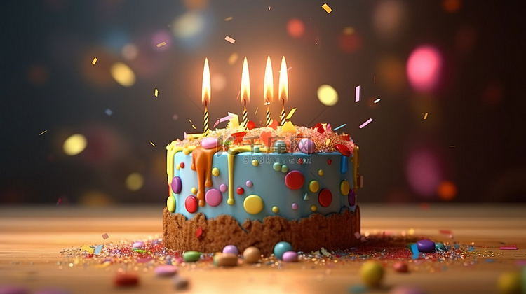 生日蛋糕 3d 渲染与装饰蜡烛
