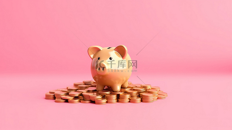 粉红色存钱罐的 3D 渲染，金