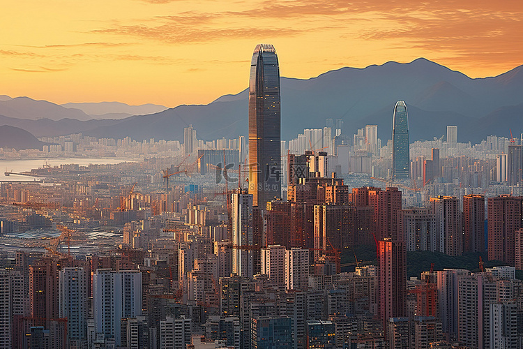 香港日落时的城市景观天际线