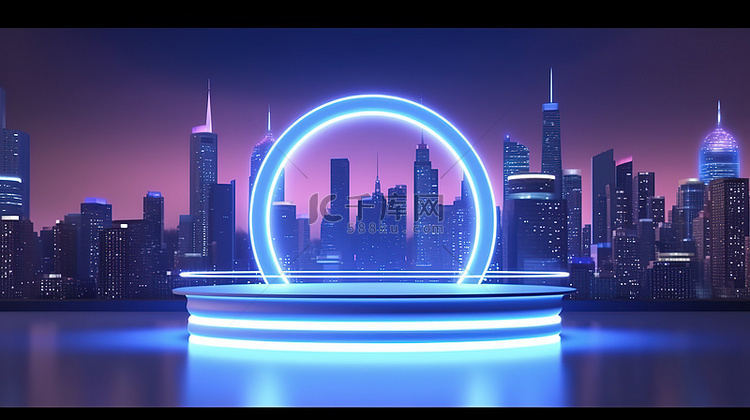 未来派霓虹灯产品站在科幻城市景