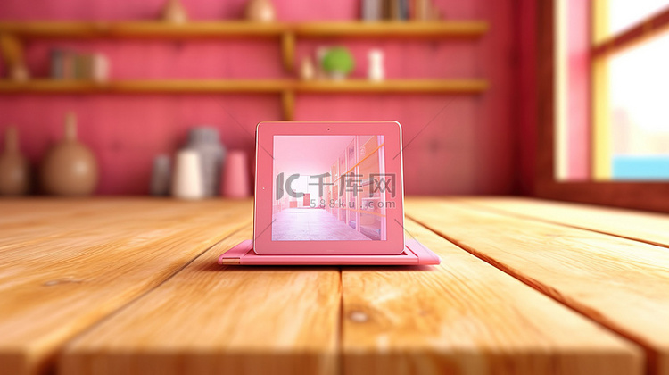 粉红色木桌上平板电脑的 3D 渲染