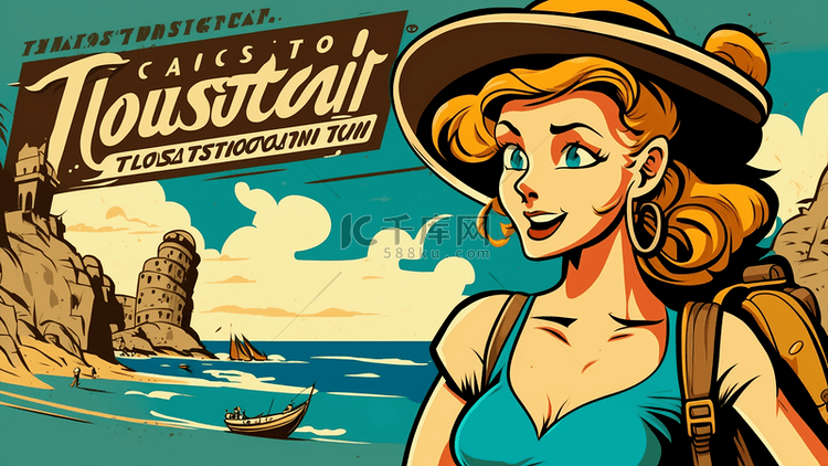 女人海边旅游宣传海报背景