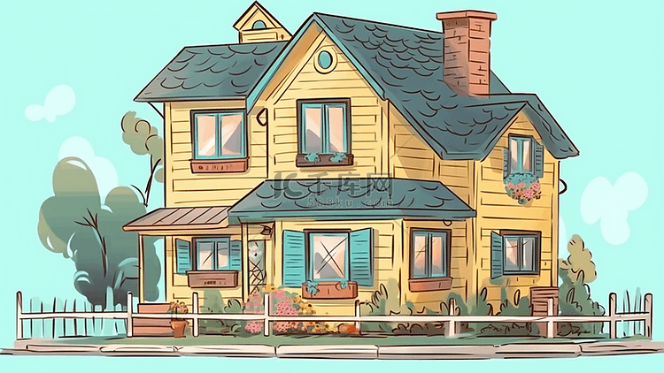 卡通房子蓝色屋顶围栏背景