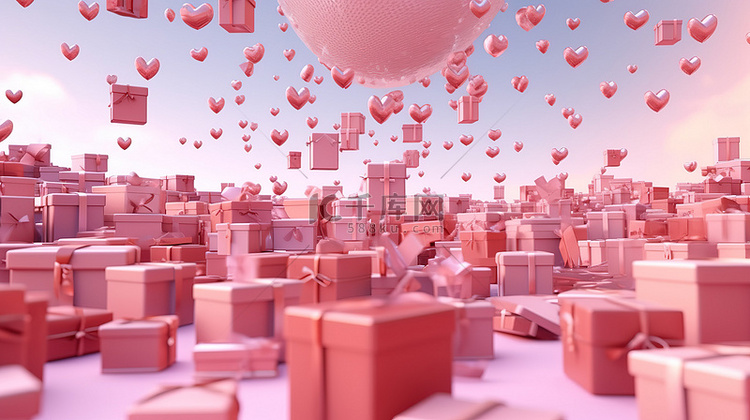 大量的粉红色礼物与心形气球悬停