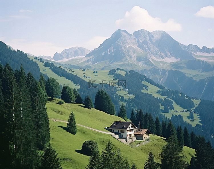 瑞士阿尔卑斯山小房子的景色