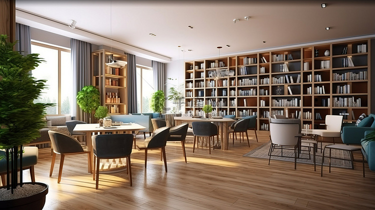 客厅或咖啡馆餐厅和图书馆空间的