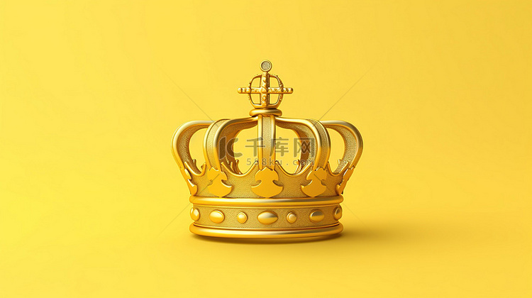 黄色背景上带有金冠的 3D 渲