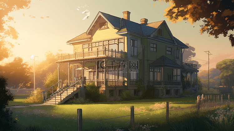 草坪阳光可爱的房子卡通房子背景