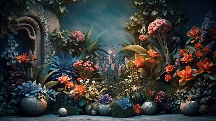 迷人的花卉和树叶 3d 渲染背景