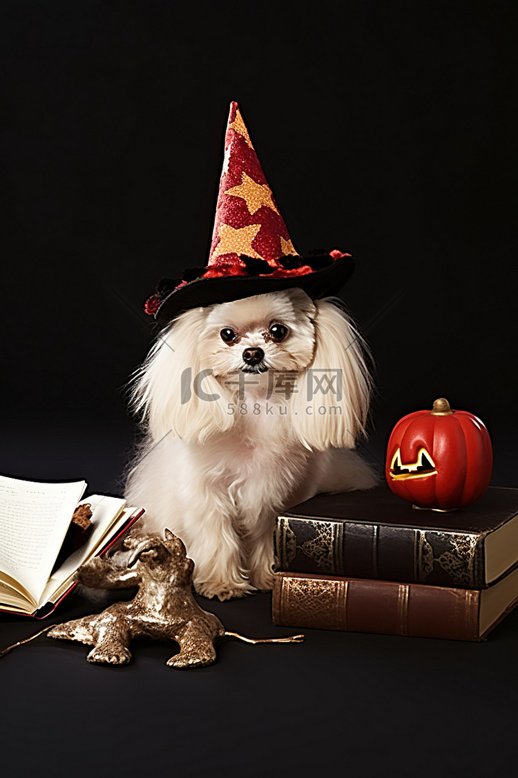 一只小狗坐在书和女巫的帽子旁边