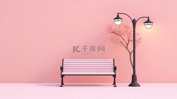 粉红色背景下路灯和公园长椅的美