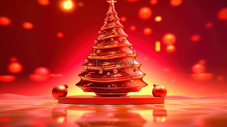 3D 渲染插图圣诞树，红色模糊
