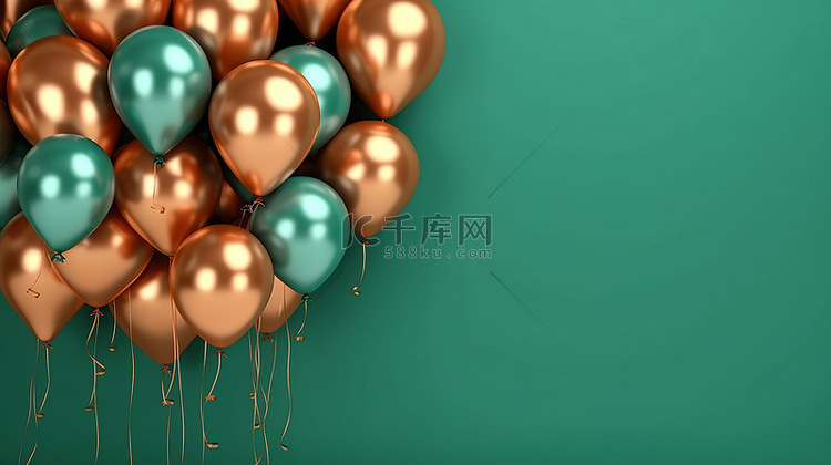 充满活力的绿色墙壁上的铜气球簇
