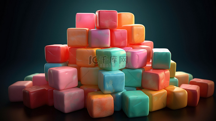 各种颜色的方形口香糖片的 3D
