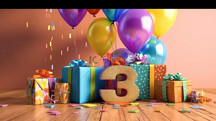 快乐的三岁生日庆祝活动，以气球