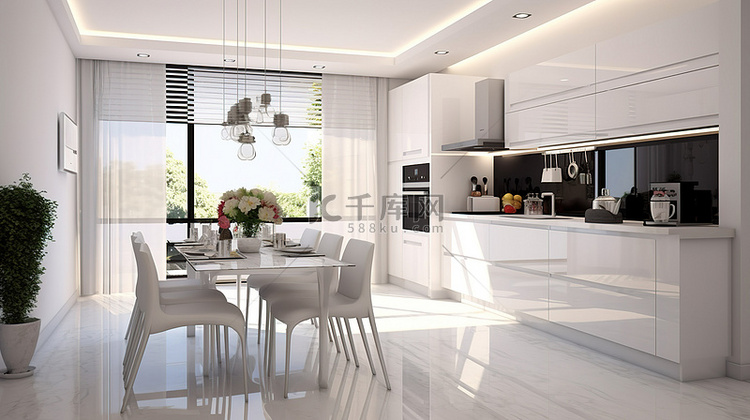 现代白色厨房3D模型室内设计