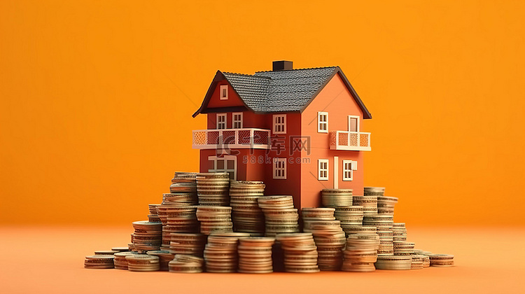 购买房屋和一堆钱图标的 3D 渲染