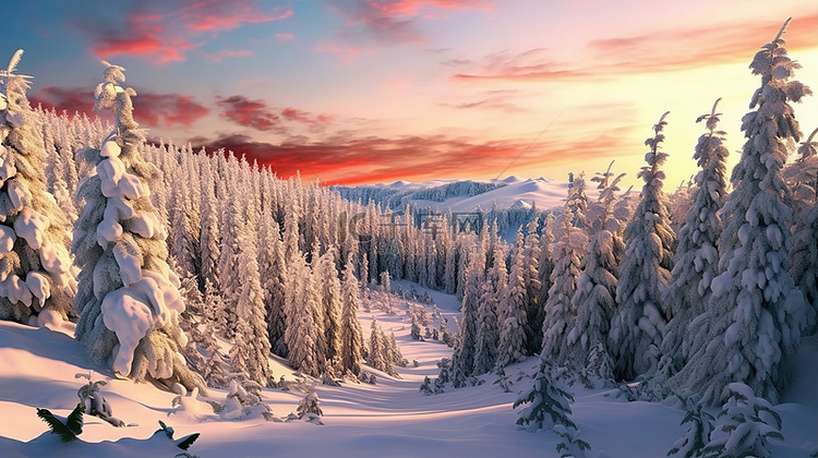 迷人的滑雪场在日落时在 3D 