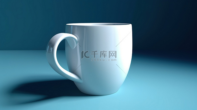 蓝色背景下 3D 视角的白色咖啡杯