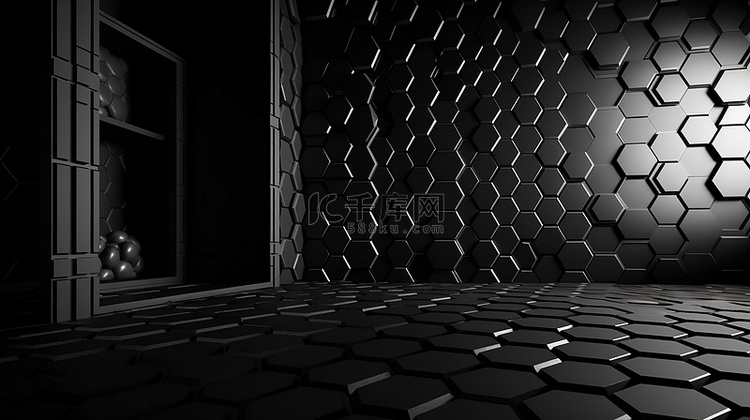 黑色蜂窝设计的矩形房间 3D 插图