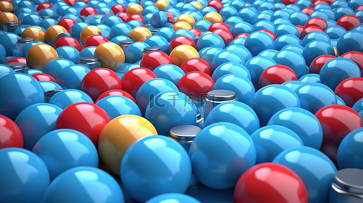 蓝色背景 3D 渲染中彩色球围