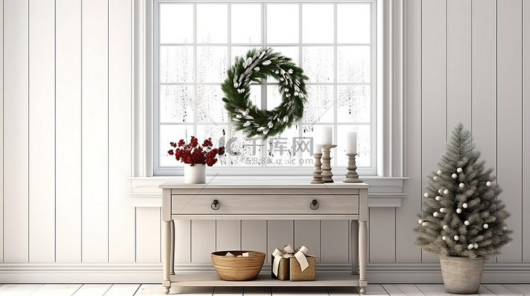 质朴的圣诞门厅木控制台桌靠白墙