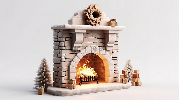 孤立背景下圣诞壁炉图标的 3D