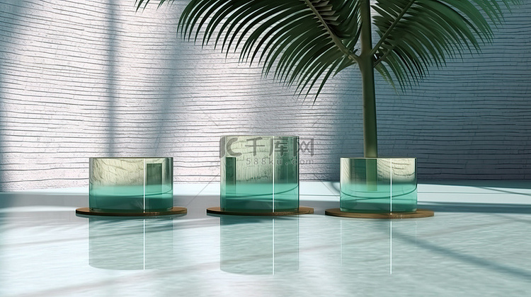 棕榈滩陶瓷背景上带玻璃墙的圆柱