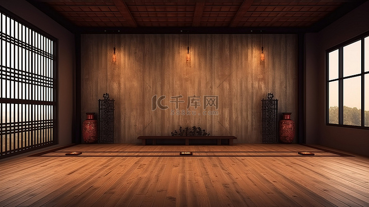 中国风格的木制房间，从地板到墙