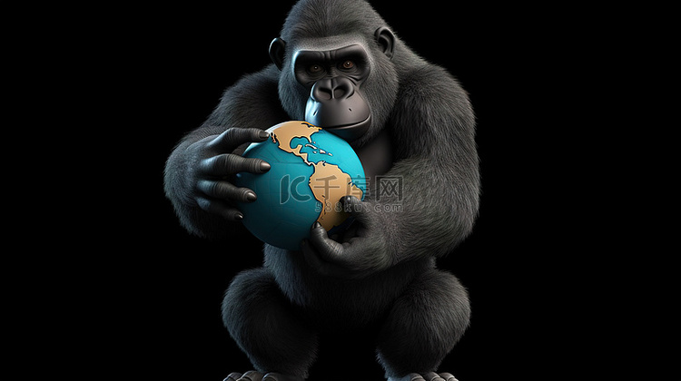 有趣的 3d 猿拿着一个微型地球