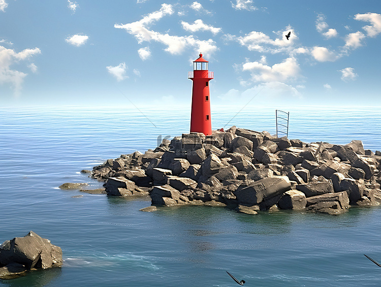 一座红色灯塔坐落在水中的红色岩