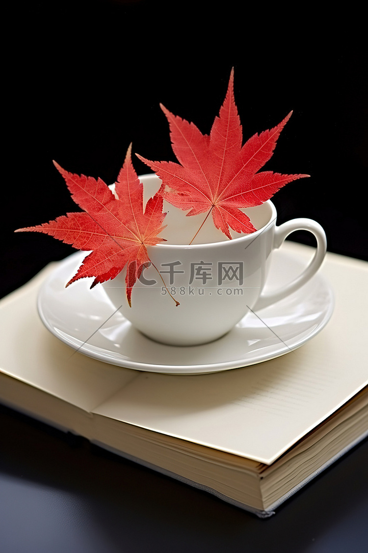 咖啡杯上的红枫叶，桌上放着一本