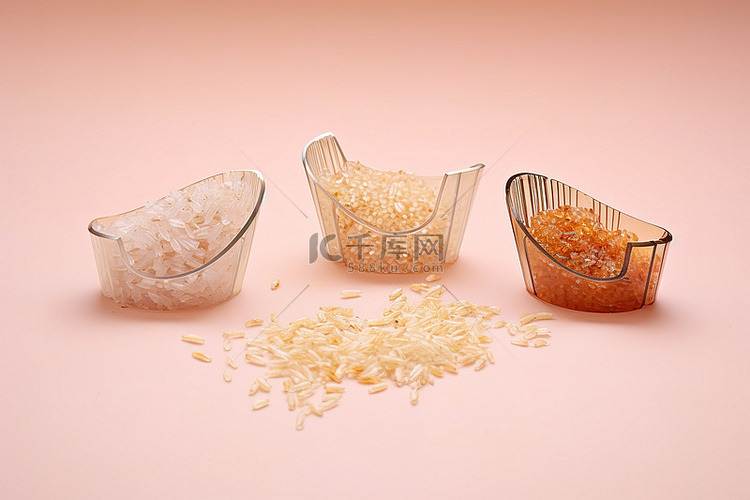 粉红色表面上的三小碗米饭