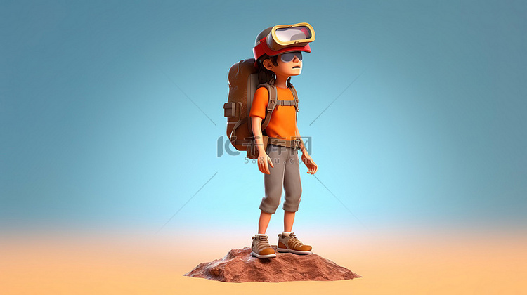 戴着虚拟现实头盔的旅行者的有趣