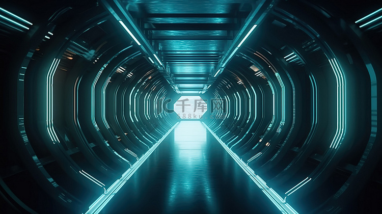 外星飞船中未来走廊的 3D 插图