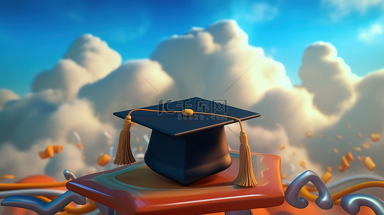 卡通毕业帽和文凭在梦幻般的天空