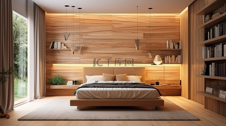 3D 渲染木制设计的卧室